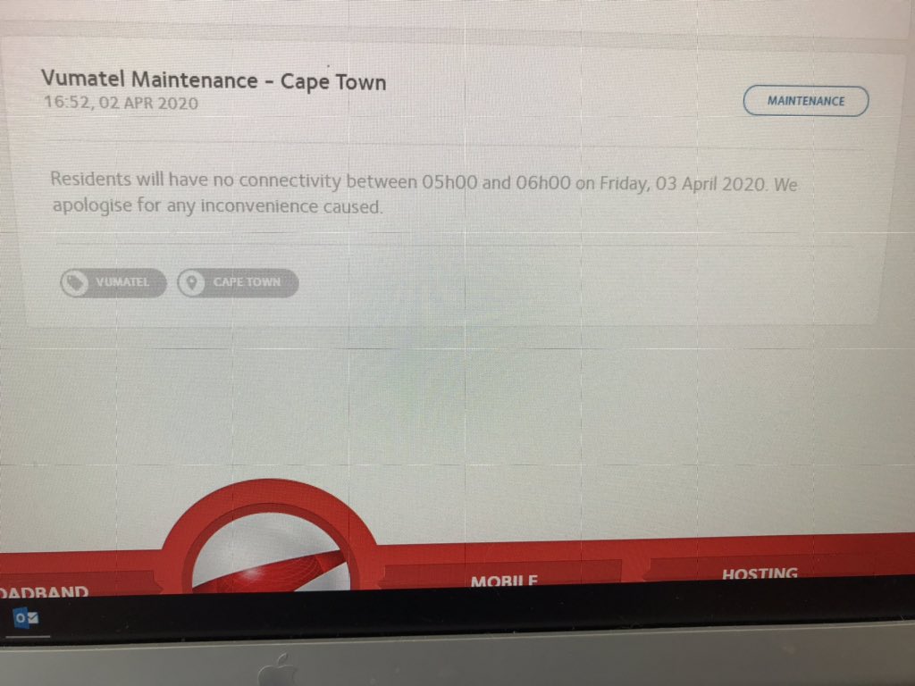 Anyone else experiencing network outage with <a href="/Afrihost/">Afrihost</a> in Cape Town? I saw they had maintenance scheduled until 6am today but my internet is still off. The call centre is also flooded.