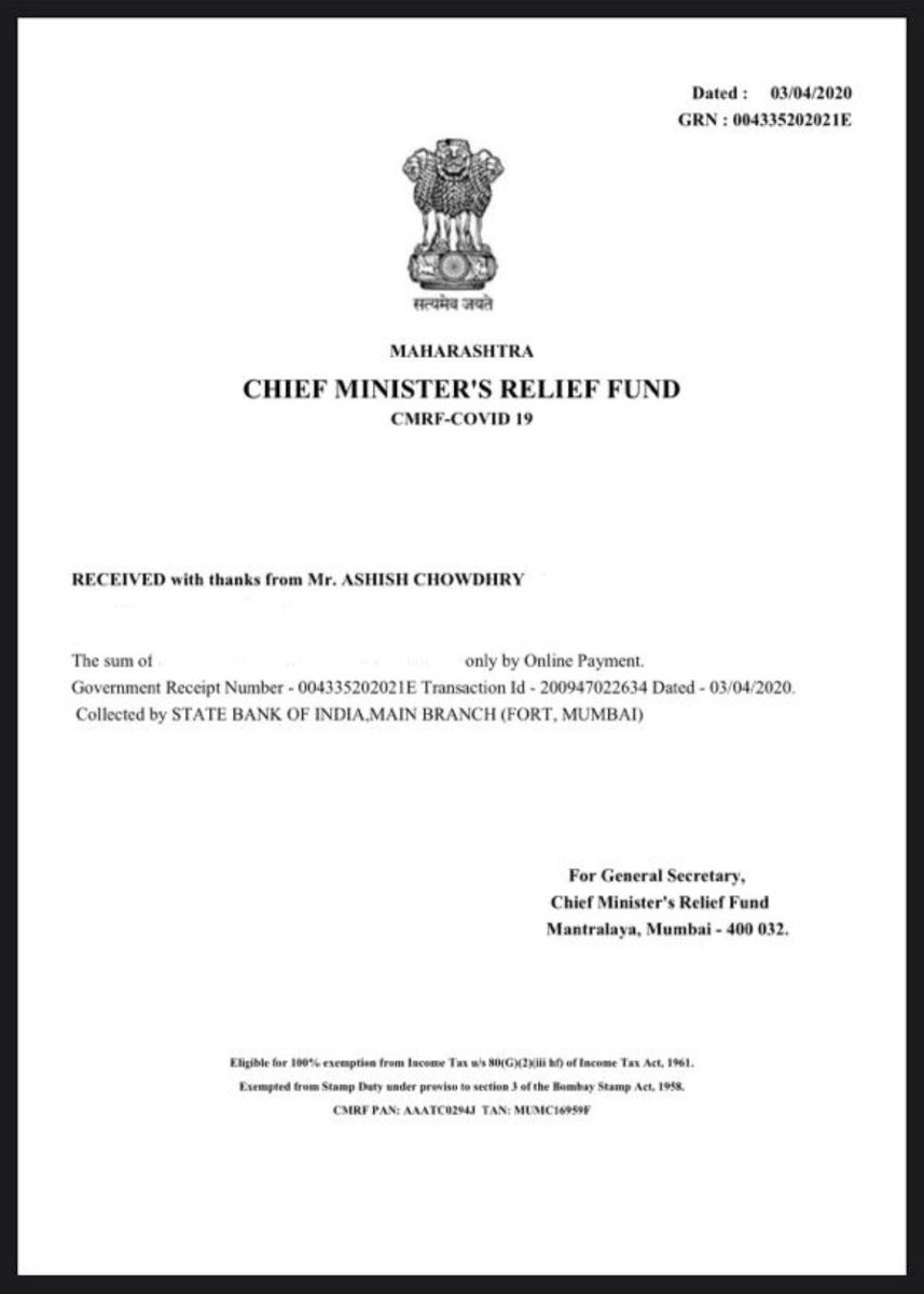 AshishChowdhry's tweet photo. A small bit from me and my family for our beautiful nation. Thank you @narendramodi sir and @PMOIndia for your work. @CMOMaharashtra and  @AUThackeray we’re with you. 
#JaiHind #IndiaFightsCorona #PMCaresFund #CMReliefFund https://t.co/RstmehiVeT