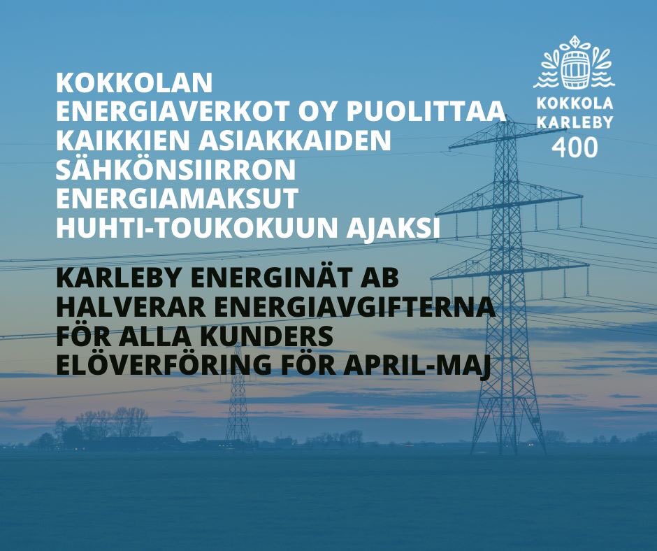 KokkolaKarleby's tweet image. Kokkolan Energiaverkot Oy puolittaa kaikkien asiakkaiden sähkönsiirron energiamaksut huhti-toukokuun ajaksi. 👏⚡️
 
kokkola.fi/ajankohtaista/…

Karleby Energinät Ab halverar priset på elöverföring under en period från april till maj. 

#sähkönsiirto #kokkola #karleby