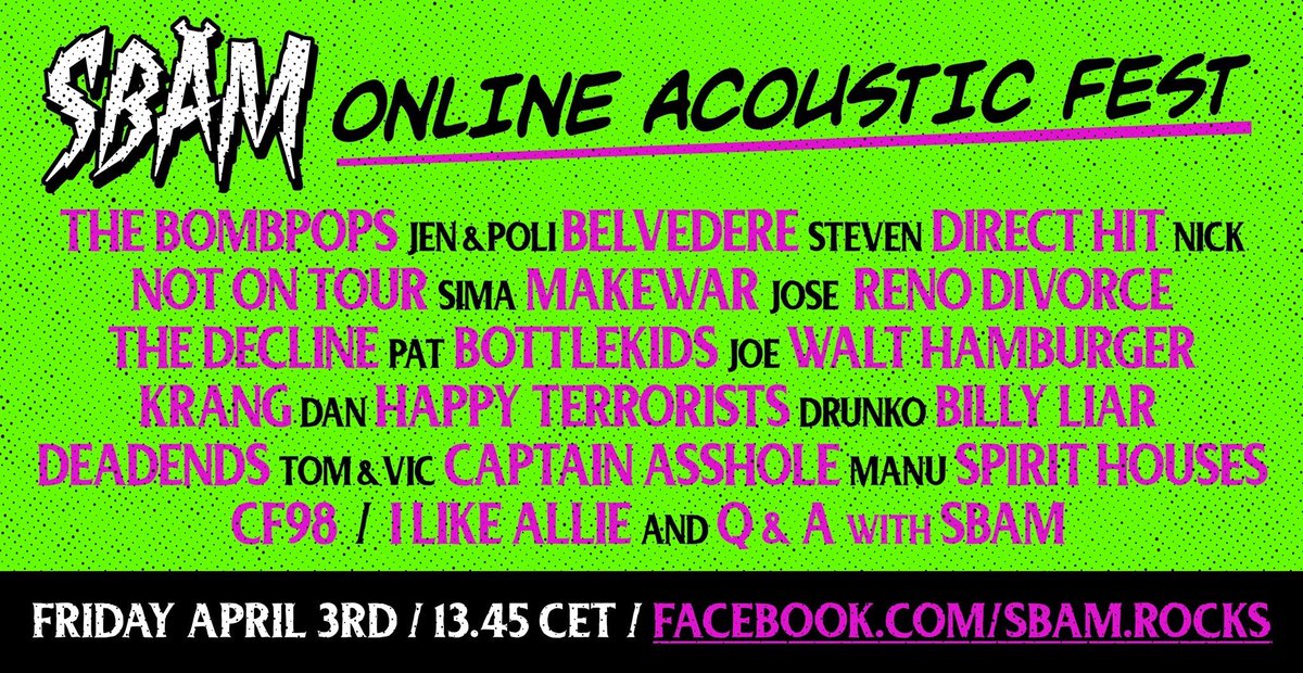 DirectHit_sucks's tweet photo. SBÄM ONLINE ACOUSTIC FEST | ALL DAY FRIDAY APRIL 3RD | INTERNATIONAL TIME ZONES ARE WACKY. THE SHOW BEGINS AT 13:45 CET / 6:45AM CDT. NICK PLAYS AT 22:35 🕥EUROPEAN / 3:35PM 🕞 US CENTRAL.
CHECK IT OUT AT
https://t.co/Z6mxJE8g6K
#sbam #directhit #fatwreckchords #directhitband https://t.co/HrketL6SbF