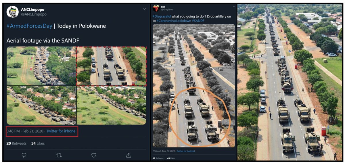 A tweet by  @Greg6Boer used an image from the SANDF Armed Forces day demonstration to insinuate artillery is being deployed against civilians.The original image, from the Limpopo ANC's Twitter account, was desaturated to hide the telltale red lavatories next to the road.