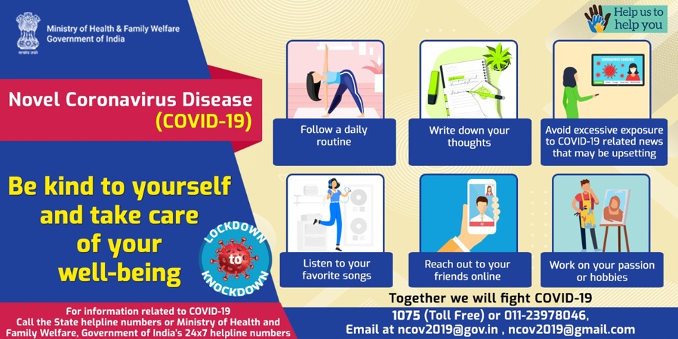 #IndiaFightsCorona:

As we observe the lockdown, it is important for us to be kind to ourselves and protect our mental health. 
To get help on concerns related to mental health you may call NIMHANS 08046110007. 

#HealthForAll #CoronaOutbreak #SwasthaBharat #Lockdown21