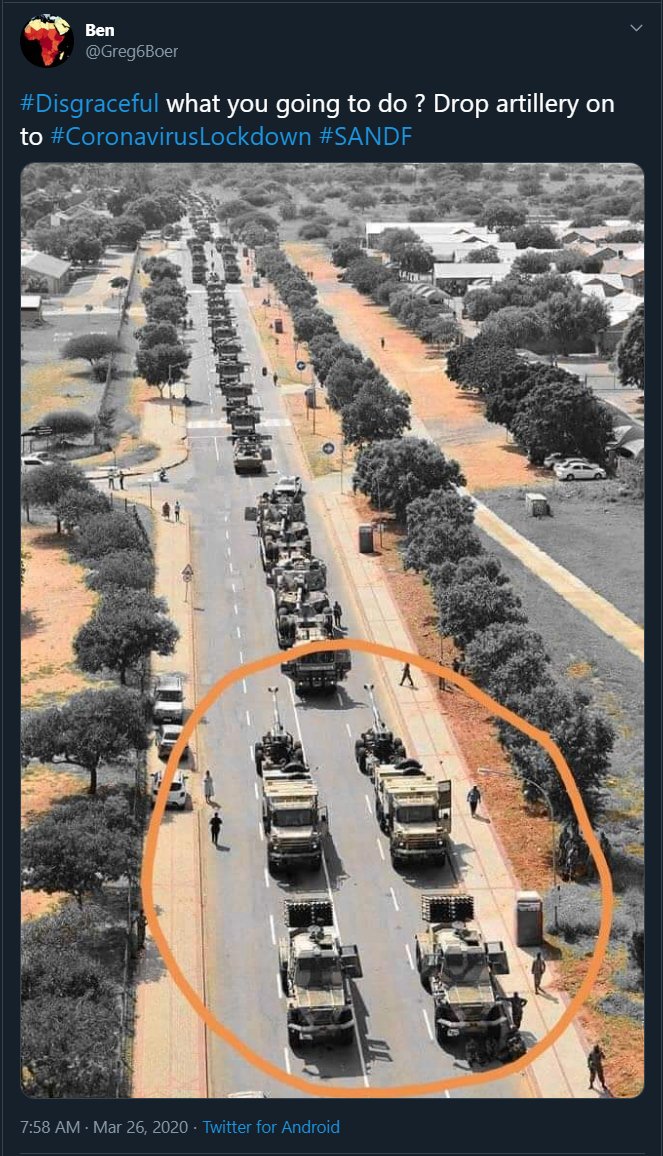 A tweet by  @Greg6Boer used an image from the SANDF Armed Forces day demonstration to insinuate artillery is being deployed against civilians.The original image, from the Limpopo ANC's Twitter account, was desaturated to hide the telltale red lavatories next to the road.