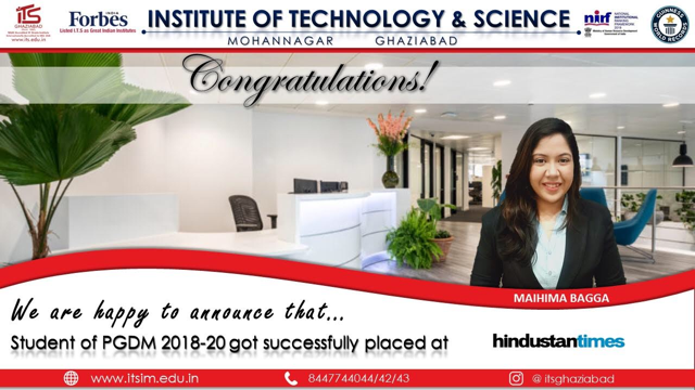 ITSEduGroup's tweet photo. @ITSMohanNagar congratulates Mahima Bagga of #PGDM (2018-20) batch for getting successfully placed in #HindustanTimes.
More info: https://t.co/zcE0EvXnPl

#ITS #ITSCollege #ITSGhaziabad #ITSPGCampus #PGDMCollege #PGDMCourses #CollegePlacement #Placement #CampusSelection https://t.co/m7aVQ2StGz