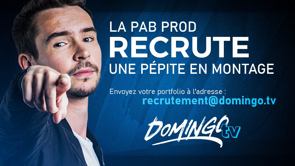 DomingoTV's tweet image. La PAB Prod recherche une pépite en montage 🎥 :

- Parfaite connaissance de l’univers de Domingo &amp;amp; de Twitch 
- Connaissance des outils de montage (compétences en motion design appréciées) 
- Statut auto-entrepreneur requis : missions évidemment rémunérées