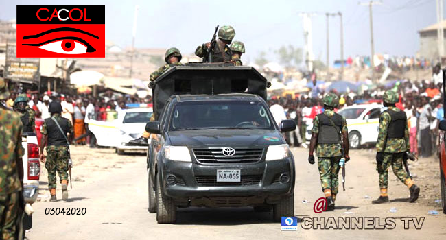 CACOLnigeria's tweet photo. Soldier ‘Kills’ Man Amid COVID-19 Lockdown In Delta.
#CACOL - What do you think can be done to stop all these treatments?
#How on earth can we be scared of #COVID-19 to get killed by a soldier.
#StayHomeSavesLives
#HumanityFirst #SpeakUpNigerians #YourOpinionsCount https://t.co/uVuIBv9iIQ