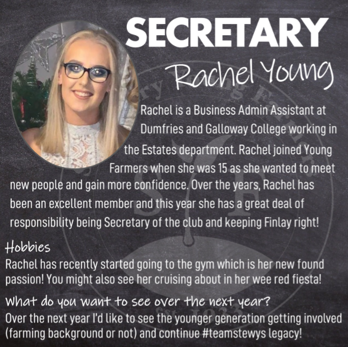 StewartryYF's tweet image. 🌟🚗 SECRETARY 🚗🌟 Rachel has been a member of Stewartry Young Farmers for 6 years and latterly has been a part of the committee. Rachel was Assistant Secretary last year and we’re delighted to have her as our Secretary for this year!
Good luck Rach! 🎉

#youngfarmers #teamstewy