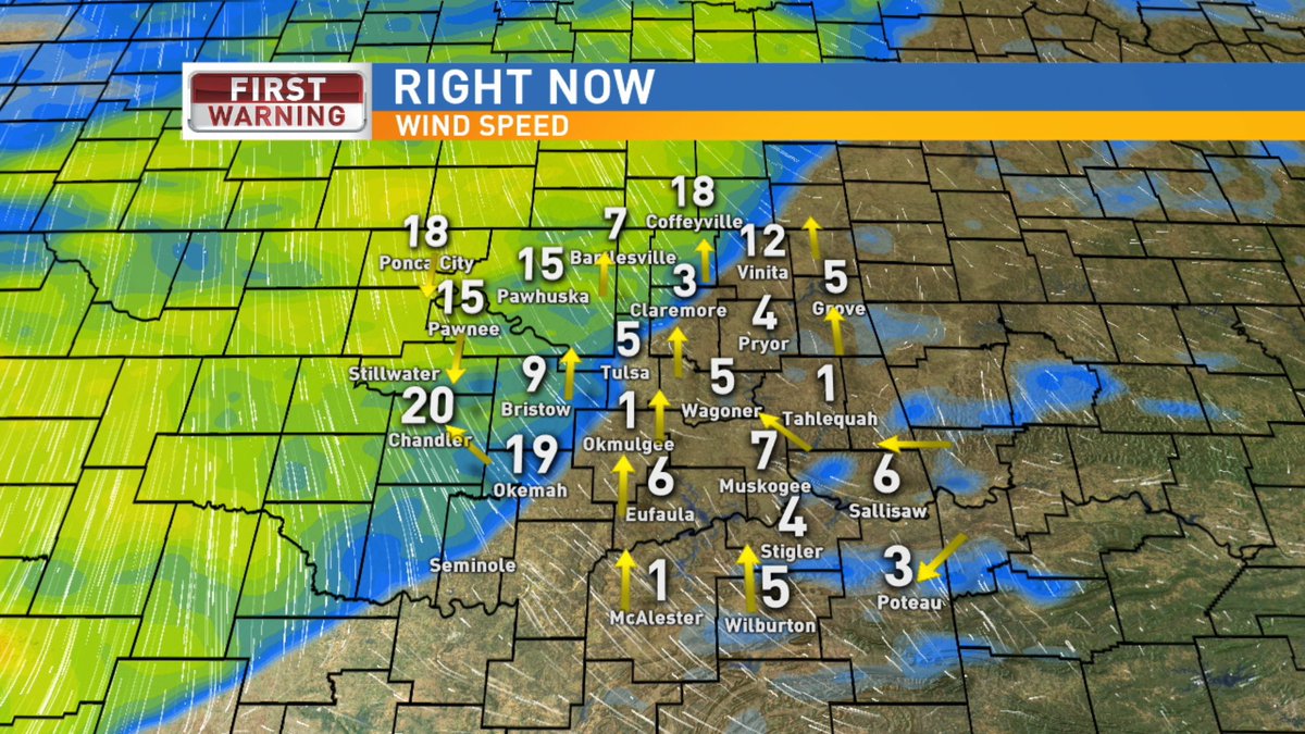 Met_katykramer's tweet image. It's coming...boy is it coming 🥶 3 AM temp data/wind speed+direction clearly showing strong cold front moving through Green Country. #backtowinter #okwx #kswx @KTULNews
