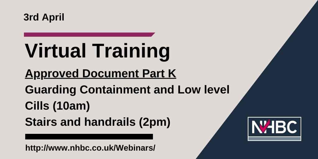 Today's NHBC construction webinars will take a look at Approved Document Part K, focusing on Guarding Containment and Low level Cills at 10am followed by Stairs and Handrails at 2pm. Find out more and register here: nhbc.co.uk/Builders/Produ… #construction #workingfromhome