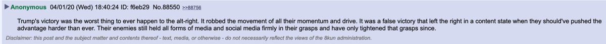 "It was a false victory that left the right in a content state when they should've pushed the advantage harder than ever. Their enemies still held all forms of media and social media firmly in their grasps and have only tightened that grasps since," one commenter says.