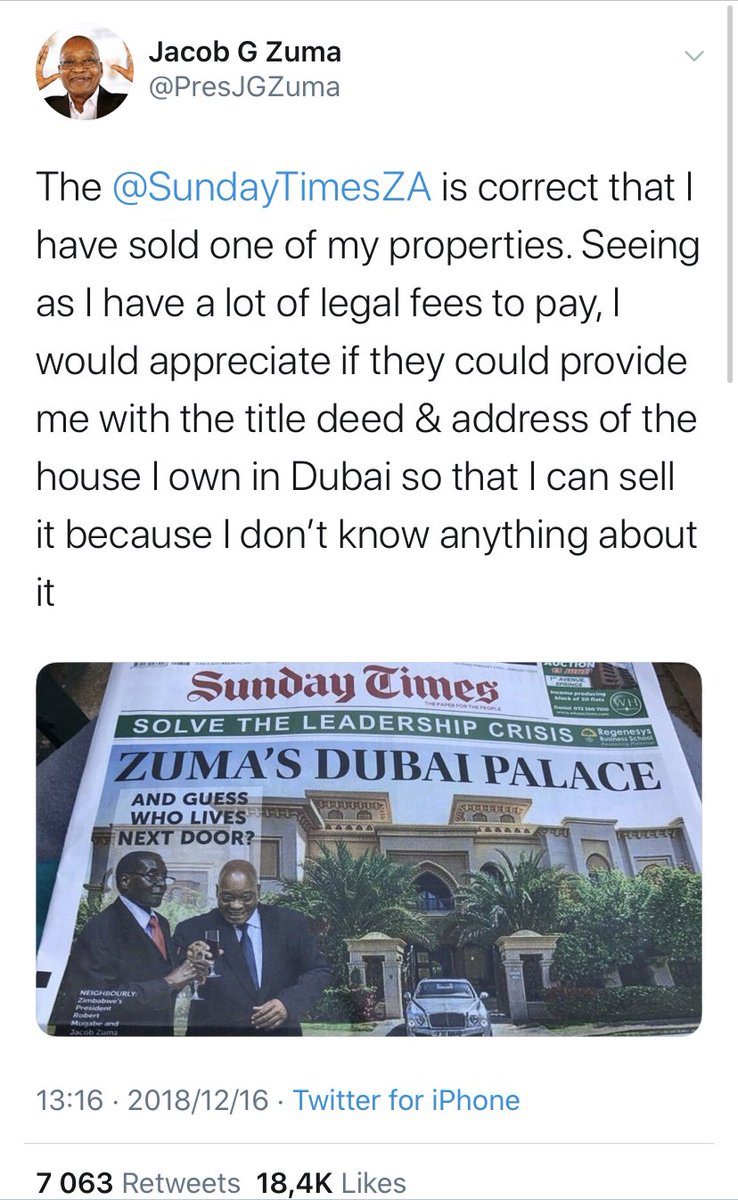 Remember when the Sunday Times told us that Msholozi owns a palace in Dubai right next to the late President Mugabe, Zuma requested the Sunday times to provide him with the title deed in 2018, it is now 2020 and Sunday Times has still not provided the title deed 