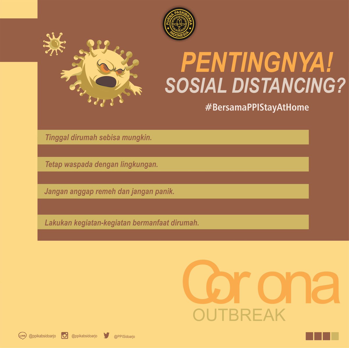 Pandemi COVID-19 yang sedang melanda dunia, menuntut kita untuk melakukan social distancing. Social distancing dirasa perlu untuk dilakukan agar memperlambat penyebaran virus. Yuk, Social Distancing dulu smpai pandemi ini benar2 hilang 😉
#SocialDistancing #BersamaPPIStayAtHome