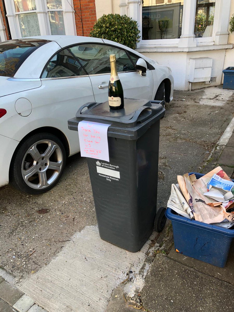 Our waste and recycling crews are not normally greeted with champagne on their rounds! 🍾 🍾🍾

Hounslow's residents have rallied behind our key workers, leaving out presents and notes for our crews ☺️🙌 ☺️

#WeAreAllInThisTogether #LondonTogether #Lampton360  #WorkingForHounslow