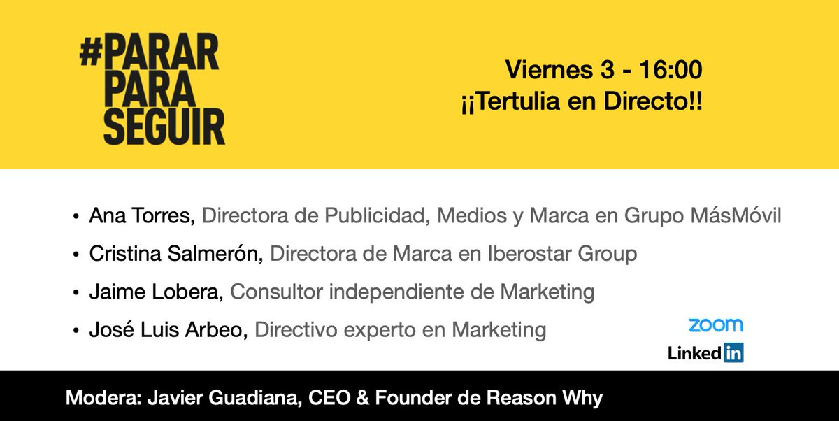 💥 Recuerda que esta tarde a las 16:00 tendremos una nueva tertulia en directo para hablar de #PararParaSeguir. 

¿Aún no te has registrado? Puedes hacerlo aquí: rwhy.es/2R4DNlM