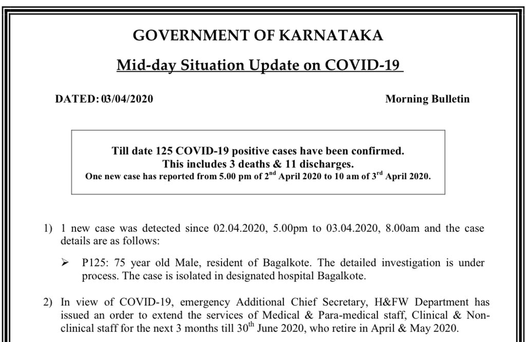  #COVID19  #Karnataka Mid-day Update: 75-yr-old with no contact or travel history tests positive in  #Bagalkote. Detailed investigation underway. Total: 125. Deaths: 3. Discharges: 11. Active cases: 101. (As on April 3, 10 am)  @IndianExpress