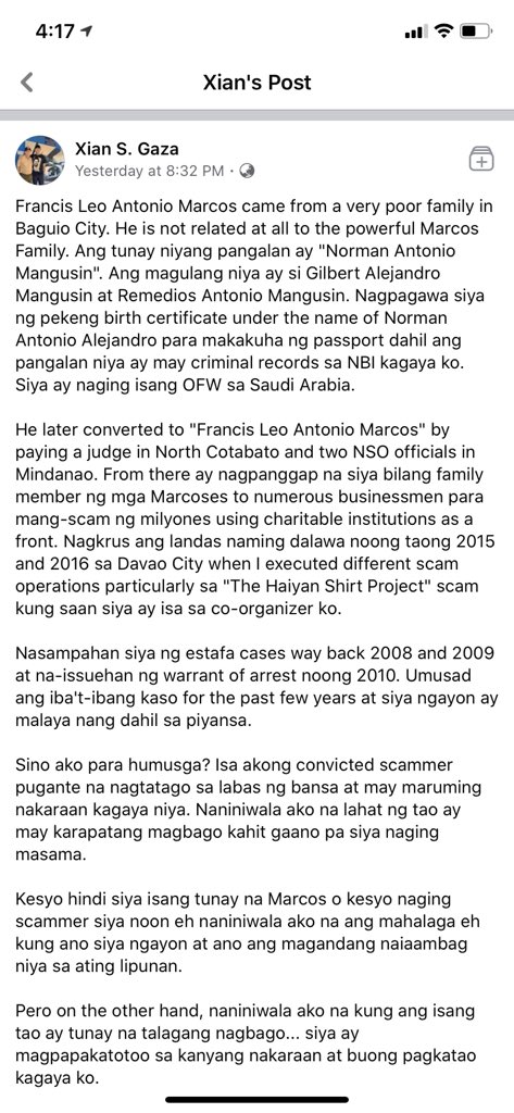 Xian Gaza’s post about him. Including his birth certificate (unverified ulit).