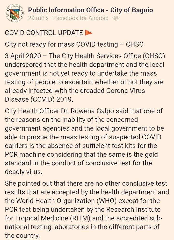 AllBaguio's tweet image. April 2, Baguio City: CHSO says Baguio City is not ready for mass testing.

With the #MassTestingPHNow clamor and the nat&apos;l gov&apos;s response that mass testing will start on April 14, the reality is that the City lacks the needed equipment for mass testing.