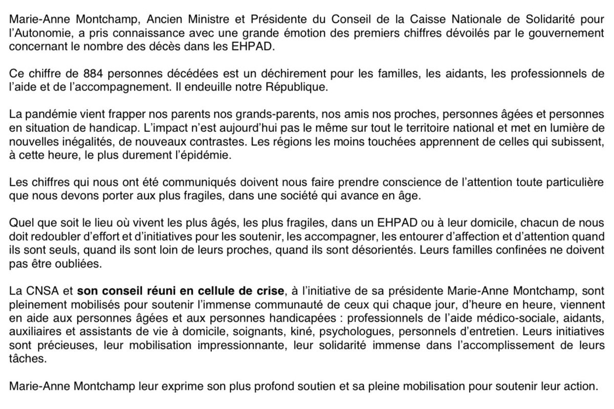 En réaction à la publication des chiffres du nombre de nos compatriotes décédés dans les #EHPAD. J’exprime mon plein et entier soutien aux personnes, aux familles et aux professionnels du soin. #confinementjour18 #COVID2019france #Solidarité