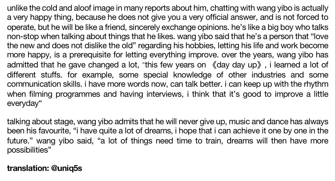 ② about wang yibo and his interests and stage❝ i have quite a lot of dreams, i hope that i can achieve it one by one in the future. a lot of things need time to train, dreams will then have more possibilities ❞