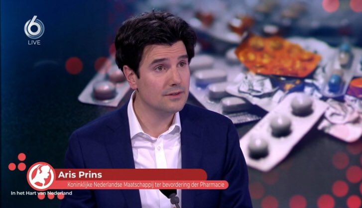 KNMP's tweet photo. Aris Prins, voorzitter van de ⁦@KNMP⁩, spreekt bij ‘In het Hart van Nederland’ over de dreigende geneesmiddelentekorten als gevolg van het coronavirus. Bekijk hier de uitzending: https://t.co/gSlgons69b https://t.co/lZsz5KBzlI