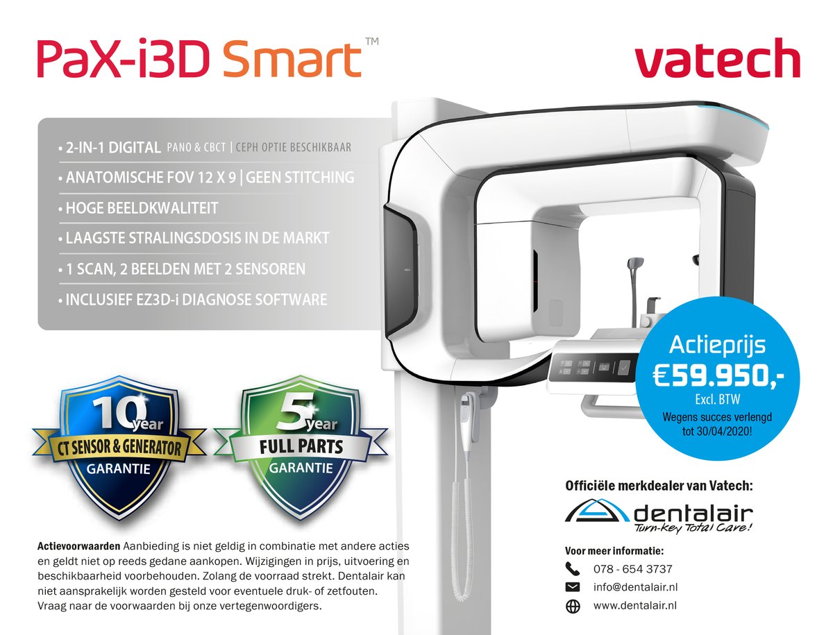'Vatech PaX-i3D Smart Garantie Promotie' is wegens succes verlengd! Klik op dentalair.nl/nl/2/vatech-pa… voor meer informatie. 

Heeft u vragen? Neem gerust contact op met één van onze Dentalair vertegenwoordigers.