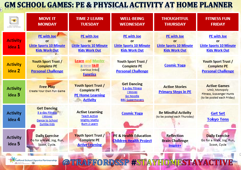 Trafford schools and PE leaders look out for our new weekly timetable of #stayhomestayactive resources &amp; activities when you ‘return’ next week. A full interactive version of this👇🏻will be emailed out  but for now #stayhomestaysafe #StayConnected #keepactive #TakeCare