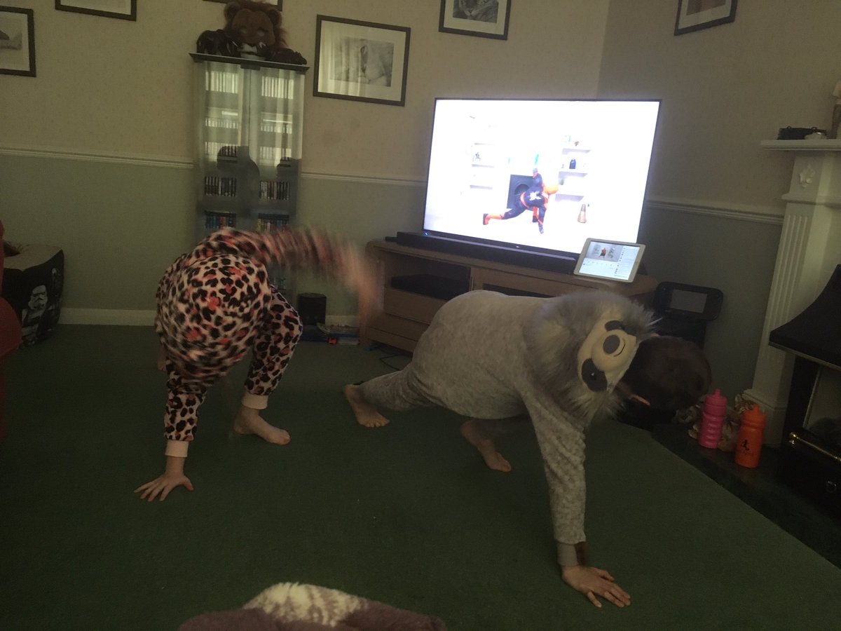 LWNeuroPhysio's tweet photo. Fancy Dress Friday PE with @thebodycoach. We have a sloth and a pink leopard! Great way to keep active. Thanks! @LaceyFieldPE  #PEWithJoe https://t.co/9a6kU9Hne5