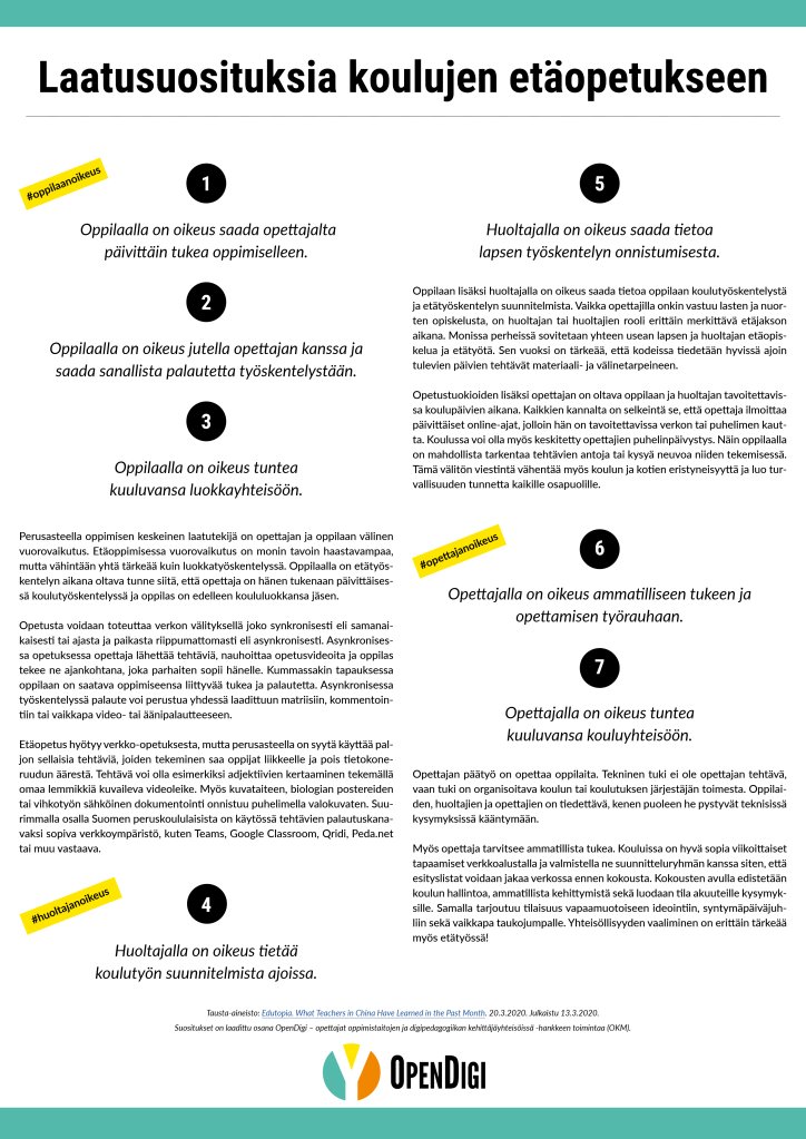 <a href="/OpenDigiFI/">OpenDigi</a> etäopetuksen laatusuositukset yhtenä kuvana. Nämä muunnettiin <a href="/oulunkaupunki/">Oulun kaupunki, Oulu</a> suosituksiksi. 

Onkos muissa kaupungeissa käytössä vastaavia? <a href="/helsinki/">Helsingin kaupunki</a> <a href="/Tamperekaupunki/">Tampereen kaupunki</a> <a href="/Turkukaupunki/">Turun kaupunki</a> <a href="/EspooEsbo/">Espoon kaupunki</a> <a href="/VantaanKaupunki/">Vantaan kaupunki</a> <a href="/JKLn_kaupunki/">Jyväskylän kaupunki</a> <a href="/Kuopionkaupunki/">Kuopion kaupunki</a> <a href="/Joensuu_fi/">Joensuun kaupunki</a>