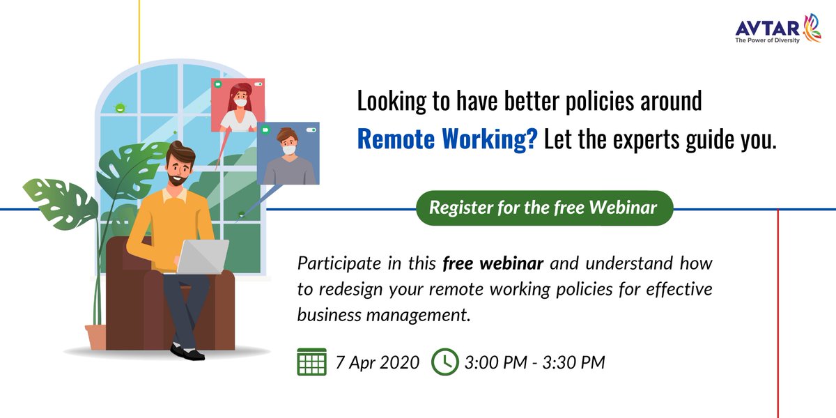 avtarcc's tweet photo. Register for this free webinar on April 7th, 2020 between 3:00 pm - 3:30 pm for guidance on redesigning your remote working policies. 
Register now - https://t.co/krT1Nf7SLd

#remoteworking #remotework  #WFH #covid19  #workfromhome https://t.co/PIP1Sb3ogb