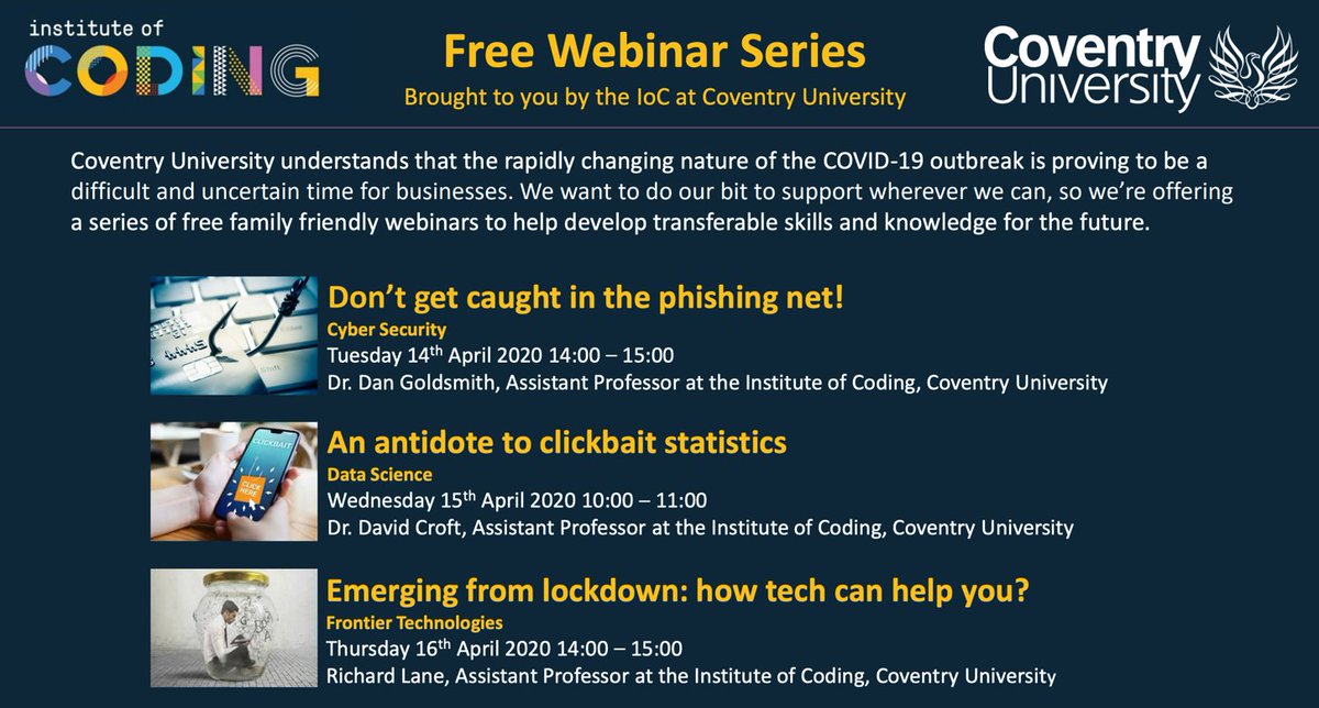 Don't miss our FREE webinar on 'emerging from lockdown: how tech can help you?' - this 1hr webinar on the 16th April highlights some of the ways in which emergent technology can expand your digital world.#digitalskills #covuni #frontiertechnology #instituteofcoding #webinarseries