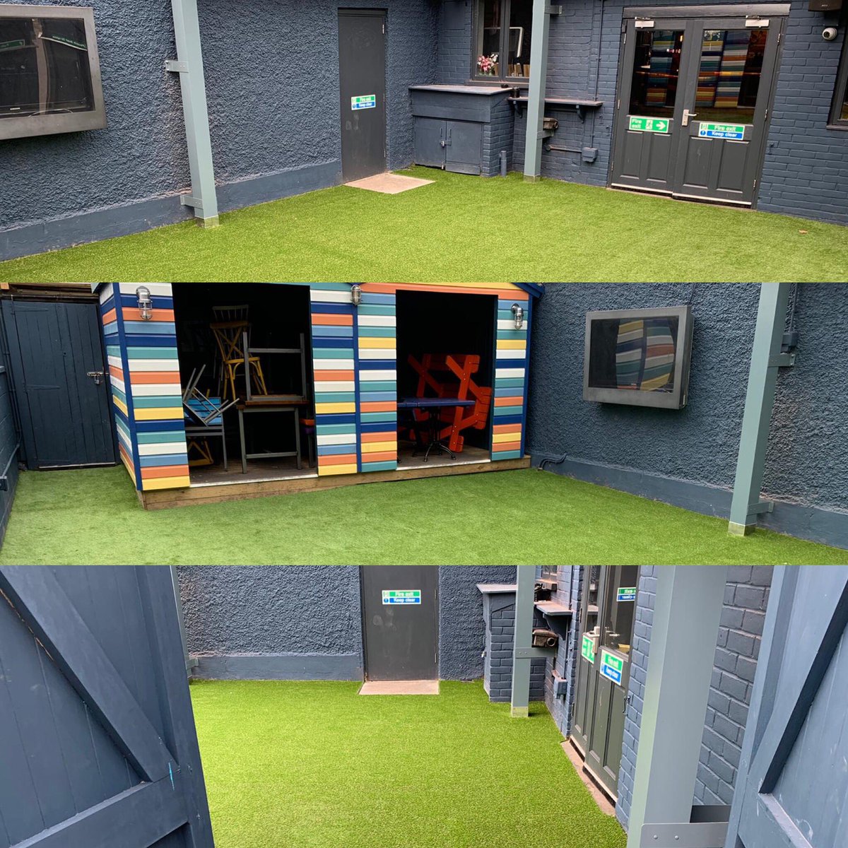 GrassboxUK's tweet photo. This pub wanted a beach bar themed beer garden. We used a 25mm Artificial Grass as it is more hard wearing! This pub was completed at the end of February #grass #artificialgrass #design #grassbox #grassboxsolutions https://t.co/NorNf19H0T