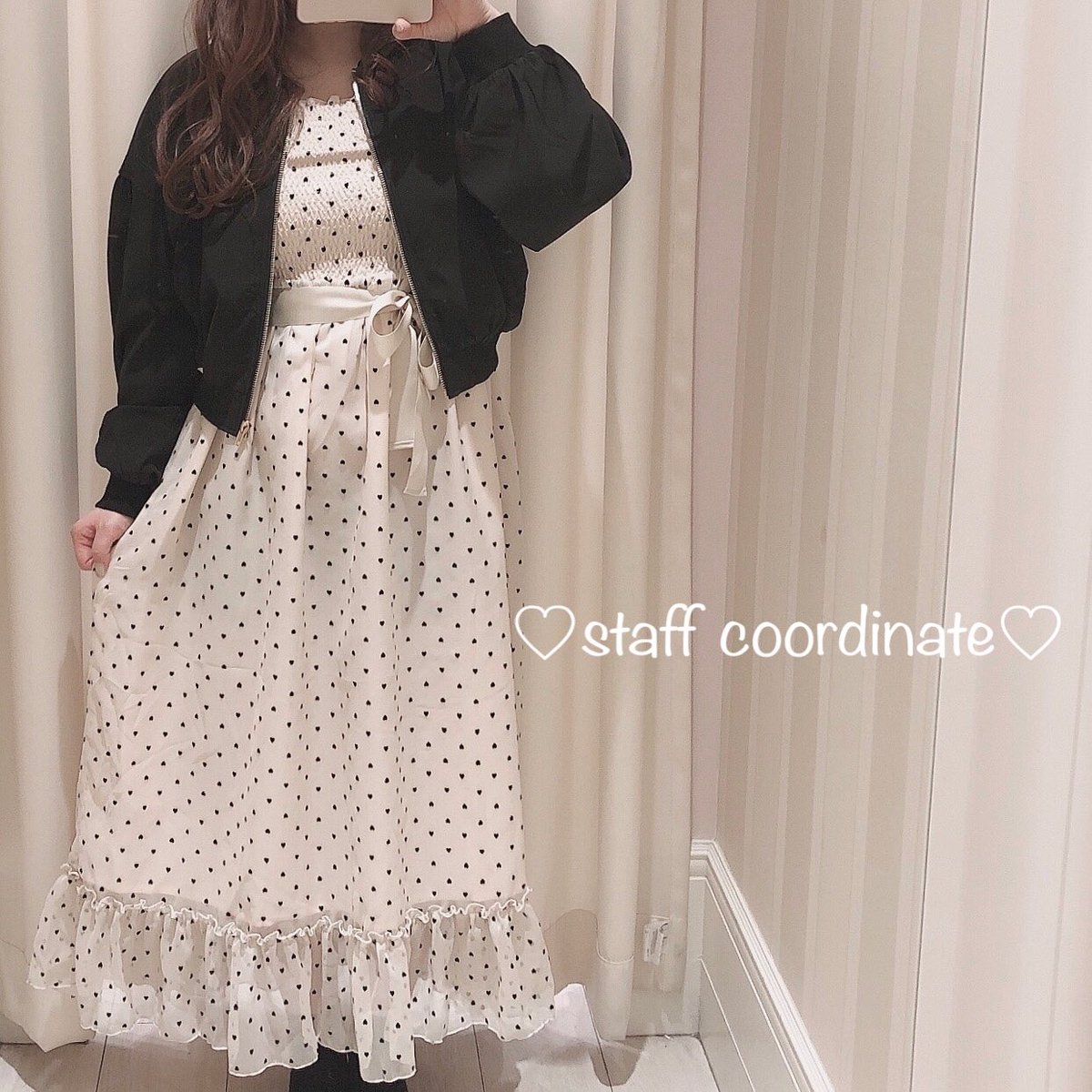 Evelyn Pa Twitter 大阪店 Staff Coordinate 大人気のハートのドット柄ワンピース 半袖に新しくなりましたのでこれからの季節にもぴったり 人気の編み上げブルゾンとも相性抜群です Staff150cm