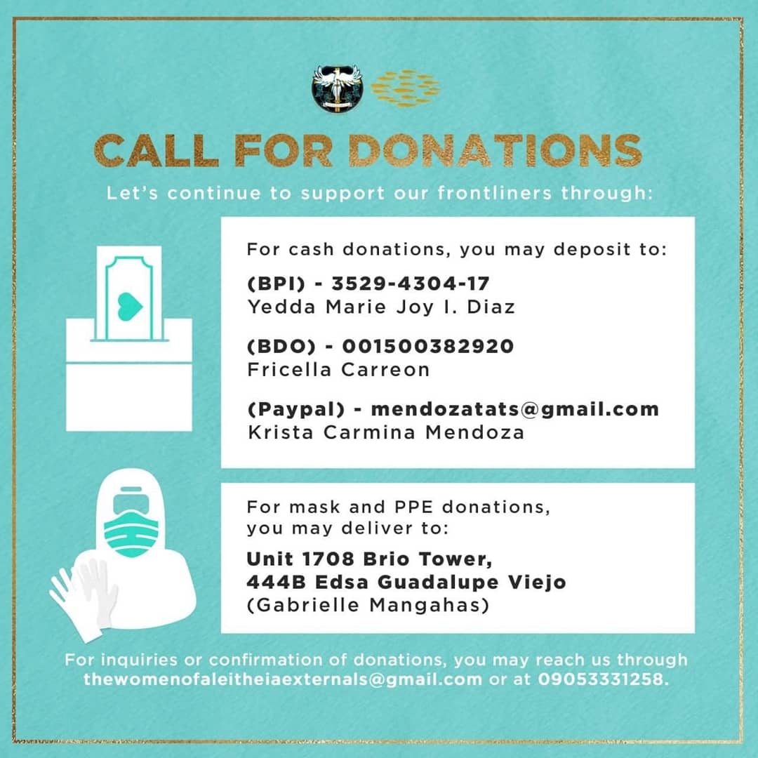 CastanedaKimmy's tweet photo. The Women of Aleitheia, a non-profit sorority from Ateneo Law, is currently raising funds for aid to our frontliners. They use the funds to purchase PPEs and surgical masks, and deliver these to various hospitals. @MovePH https://t.co/02DJWFh7IL
