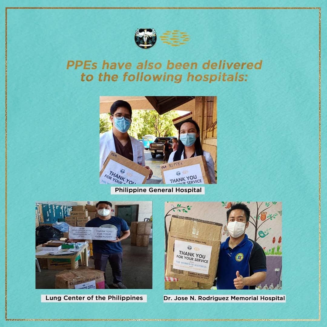 CastanedaKimmy's tweet photo. The Women of Aleitheia, a non-profit sorority from Ateneo Law, is currently raising funds for aid to our frontliners. They use the funds to purchase PPEs and surgical masks, and deliver these to various hospitals. @MovePH https://t.co/02DJWFh7IL