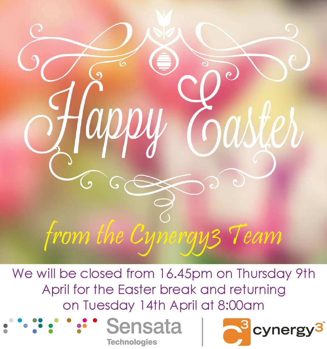 Cynergy31's tweet photo. Happy Easter Holiday from everyone at Cynergy3.
We will be closed from 16.45pm on Thursday 9th April for the Easter break and returning on Tuesday 14th April at 8.00am.
~ Stay Safe ~
#sensors #measurement #wireless #pressure https://t.co/HzDlOfWrcS