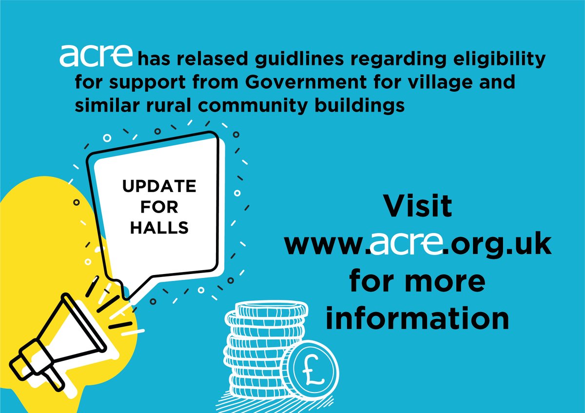 ACRE has released information today regarding eligibility for support from Government for village and similar rural community buildings

Download our guidance from our website using the link below

acre.org.uk/rural-issues/c…

PLEASE RETWEET 

<a href="/VHCBCAS1/">Suffolk Village Halls & Community Buildings</a> <a href="/community_lincs/">Community Lincs</a> <a href="/comfirst/">Community First in Herefordshire & Worcestershire</a>