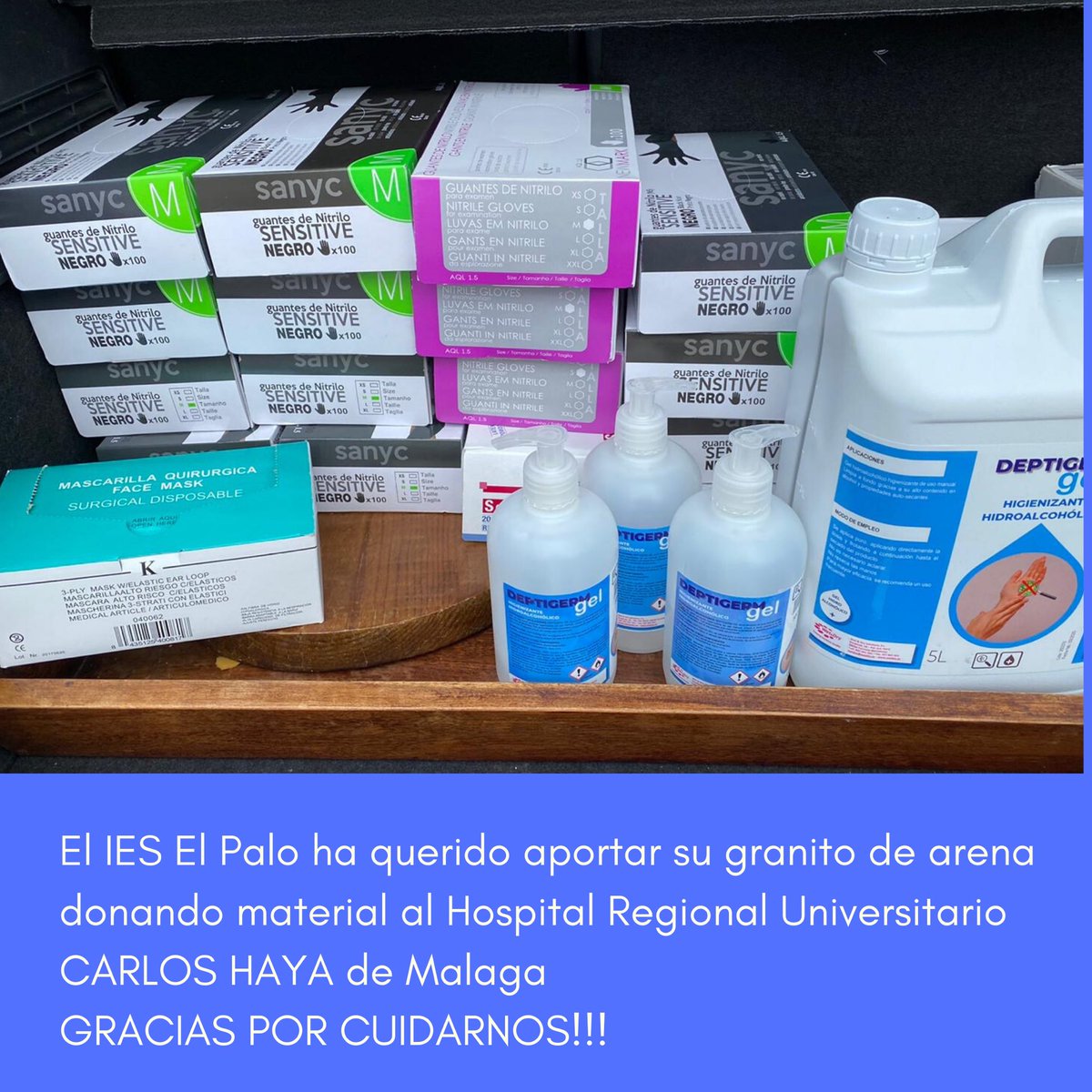 Ayer un miembro del equipo directivo junto con un conserje, hicieron llegar nuestro granito de arena, al Hospital Regional Carlos Haya. Juntos lo@conseguiremos 💪🏻💪🏻💪🏻#EsteVirusLoParamosEntreTodos