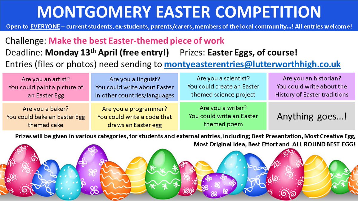 LuttHigh's tweet photo. Our Montgomery Easter competition has arrived! Get involved and keep your brain and creativity skills active! ANYONE can enter (community included) ANYTHING is a valid entry. Entries MUST be emailed to montyeasterentries@lutterworthhigh.co.uk only. Deadline is Monday 13th April. https://t.co/JMVmXhlVio
