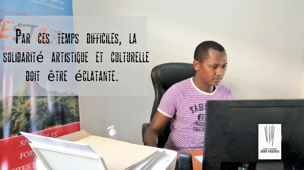 Par ces temps difficiles, la solidarité artistique et culturelle doit être éclatante (<a href="/Hassanehilal/">HASSANE HILAL SYLLA 🇬🇳</a>, Directeur Espace Siba). 
Tous unis, tous solidaires adoptons les bons gestes face au #Covid19. #EspaceSiba #LaScèneCréative

@anss_guinee <a href="/GouvGN/">Gouvernement GN</a> <a href="/FBouzigues/">Frédéric Bouzigues</a> <a href="/FrancaisGuinee/">Institut français de Guinée</a>