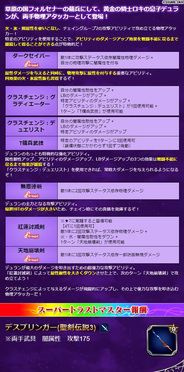 트위터의 Ffbe公式 님 ユニット紹介 4 9 火 氷 闇属性を使いこなし チェイングループ2の攻撃アビリティで攻め立てる物理アタッカー 特定のアビリティを使用することで アビリティのダメージアップ効果を戦闘不能になるまで継続して得ることができる点が
