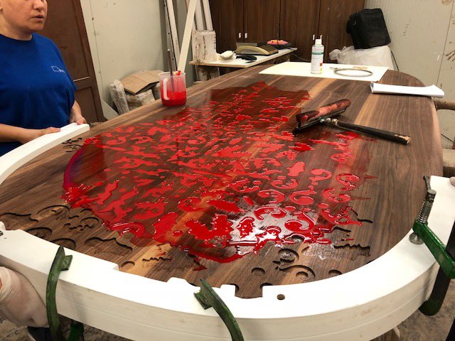 RuzzaStudio's tweet photo. ....thinking about the inlay created for the frames, we started this project.  an inlaid and resin-coated solid wood table.  the color highlights the decoration.... @rubinacci_napoli @angelettiruzzadesign #wood #resin #redpassion #madeinitaly🇮🇹 #seeyou https://t.co/QZYOY3KusX