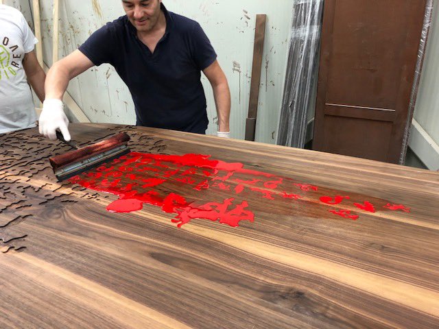 RuzzaStudio's tweet photo. ....thinking about the inlay created for the frames, we started this project.  an inlaid and resin-coated solid wood table.  the color highlights the decoration.... @rubinacci_napoli @angelettiruzzadesign #wood #resin #redpassion #madeinitaly🇮🇹 #seeyou https://t.co/QZYOY3KusX