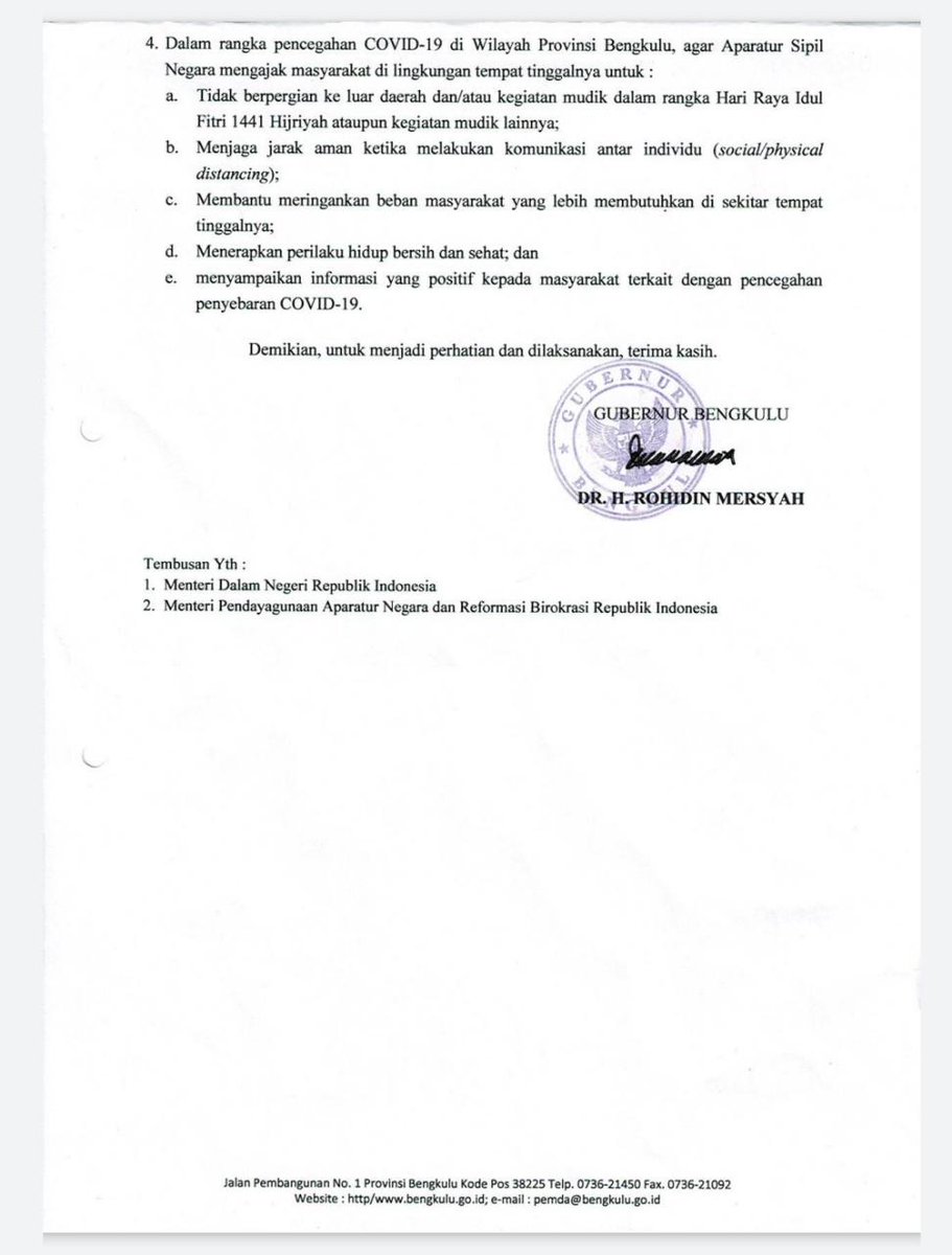 mediacenterBKL's tweet photo. SURAT EDARAN GUBERNUR BENGKULU TENTANG PEMBATASAN KEGIATAN BERPERGIAN KE LUAR DAERAH DAN/ATAU KEGIATAN MUDIK BAGI APARATUR SIPIL NEGARA DALAM UPAYA PENCEGAHAN COVID-19 DI LINGKUNGAN PEMERINTAH PROVINSI BENGKULU.
_

#bengkulusehat #bersatulawancorona #ayolawancovid19 https://t.co/W674kbhaMe