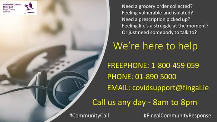 Fingalcoco's tweet photo. Need a grocery order collected or prescription picked up?  Feeling vulnerable &amp; isolated?  Or just want to talk. We're here to help. ☎️
#FingalCommunityResponse - Call us any day 8am to 8pm 
Freephone 1-800-459 059
Phone: 01-890 5000
Email: covidsupport@fingal #Communityresponse https://t.co/b2aHScBvg7