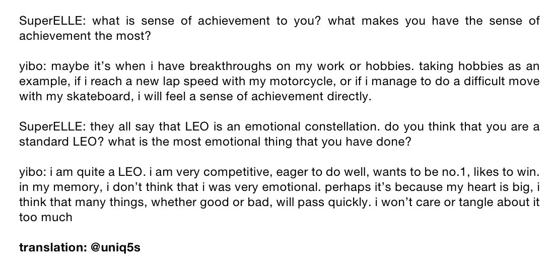 ④ wang yibo — question and answers— regarding sense of achievement— LEO — if someone were to say yibo’s shortcomings straightforwardly in front of him— clear goals for the future