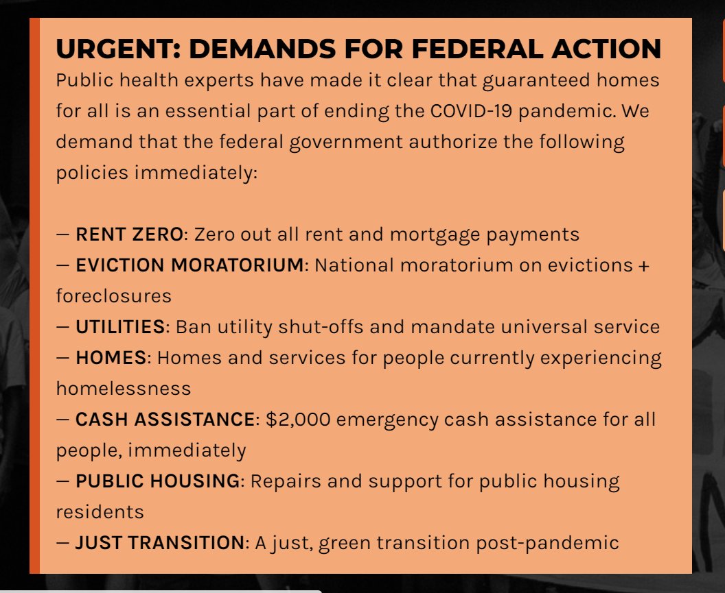 SO on nat’l level: To try and avoid a disastrous situation w mass evictions, foreclosures, debt, housing activists & allies across US pushing protections for tenants & homeowners. Here is one set of demands from  @PplsAction  #HomesGuarantee team. Goes into more detail here: