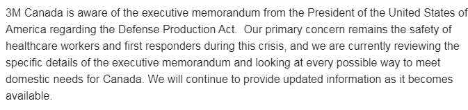 UPDATE: A new statement from 3M Canada, based in London, Ont., says: 'We are currently reviewing the specific details of the executive memorandum and looking at every possible way to meet domestic needs for Canada.' Full statement: