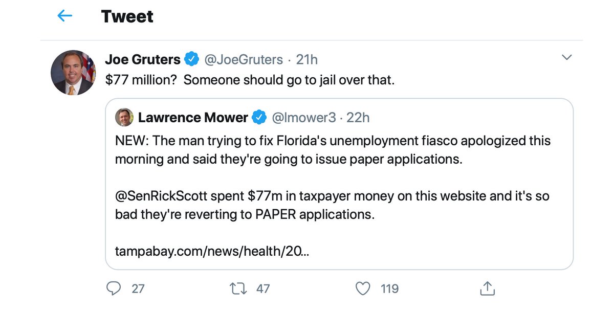 Chairman of  @FloridaGOP  @JoeGruters was more succinct: "$77 million? Someone should go to jail over that."SPOILER ALERT: That "someone" is  @SenRickScott and all your Republican colleagues in the Florida legislature. Where's Michael Flynn to lead us in a "Lock them up!" chant?