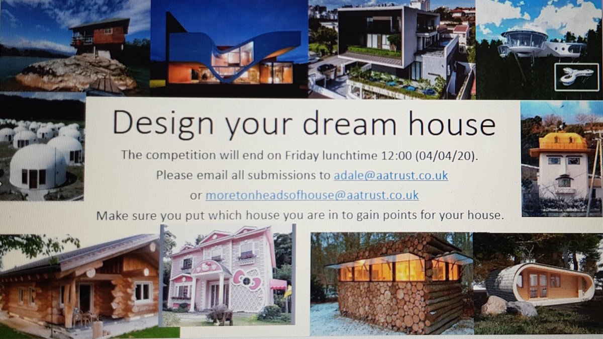 I am extending the deadline for Dream House entries. We are all going to have some extra time on our hands this Easter so why not get creative. It could have a slide, , football pitch on the roof, be underground, be on wheels, its up to you. Lots of points for all entries!