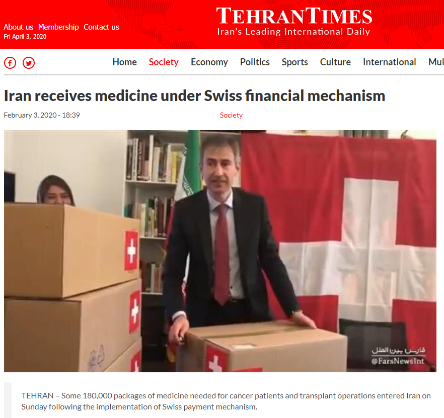 4)As US authorities have repeatedly made clear, medicine has never been sanctioned. The Swiss Ambassador in Tehran announced on January 30, 2020, that the mechanism to import medicine to Iran without any glitches had been activated. This was acknowledged by Iran's state media.